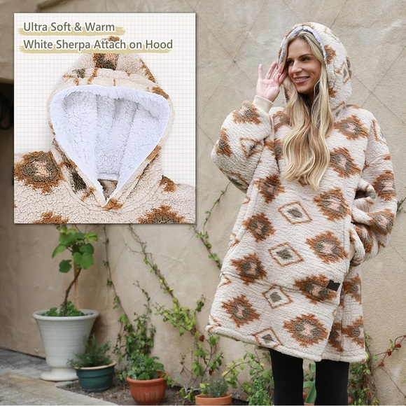 Catalonia Wearable Blanket Hoodie Aztec Tribal Print Kangaroo Pocket One Size - Picture 1 of 15